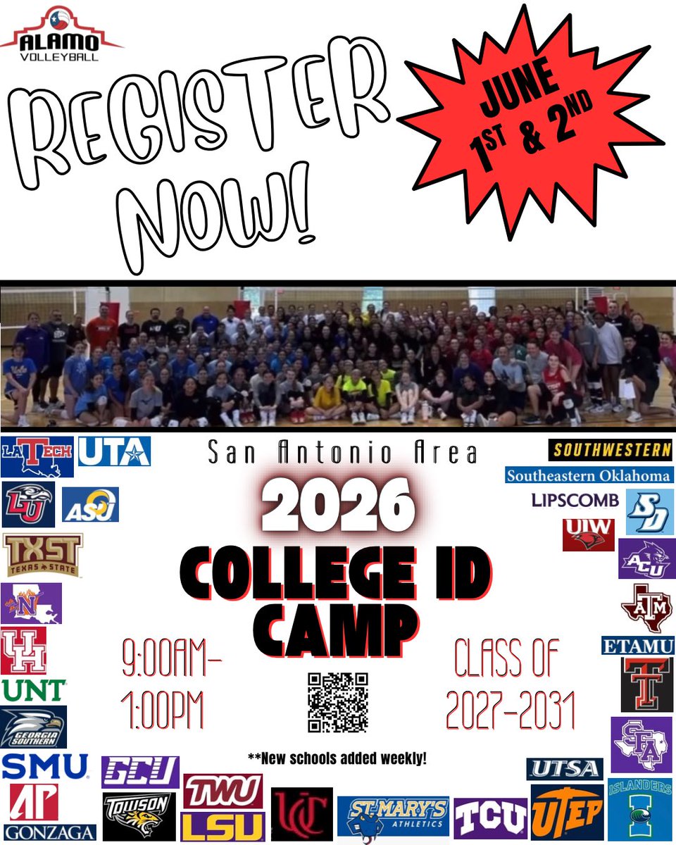 AlamoVB's tweet photo. 🏐 2026 San Antonio Area • COLLEGE ID CAMP❗️
*Hosted by Alamo Volleyball

🔗 Register:
https://t.co/S4ZpIgnwV1
 
📆WHEN: June 1st &amp; 2nd

⏰Time: 9a-1p 

Who: Class of 2027-2031 
-Athletes entering 8-12 grade: Camp is open to all,limited only by number,age,grade level &amp;/or gender https://t.co/XiEHTQviwi