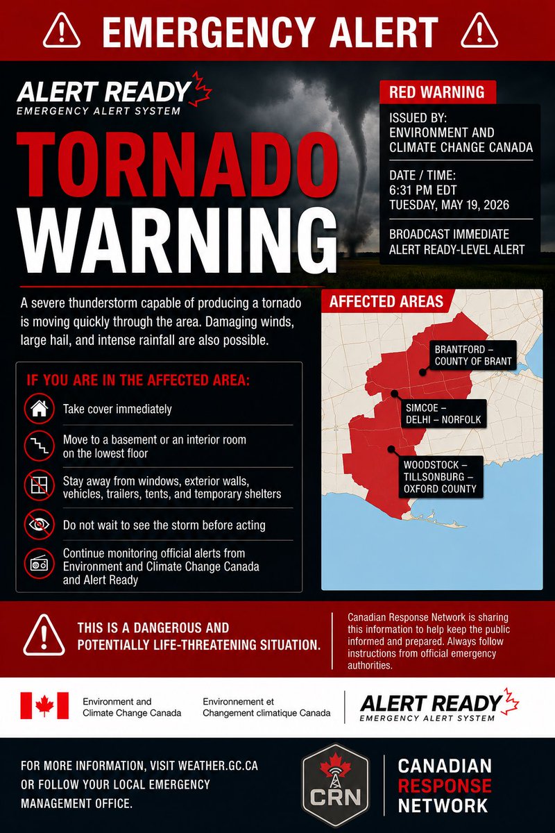 VA3ORF's tweet photo. 🚨 EMERGENCY ALERT — TORNADO WARNING IN ONTARIO

Environment and Climate Change Canada has issued a Red Tornado Warning for parts of southern Ontario, including:

• Brantford – County of Brant
• Simcoe – Delhi – Norfolk
• Woodstock – Tillsonburg – Oxford County https://t.co/seGKes5pe2