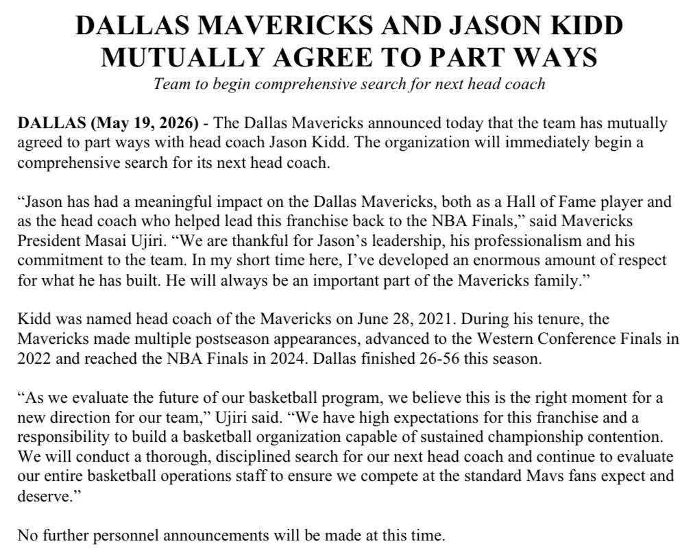 townbrad's tweet photo. The full release. Jason Kidd had 4 years left on his contract. He immediately becomes a prime candidate for any potential NBA head coach opening. https://t.co/GYjQUJFt2x
