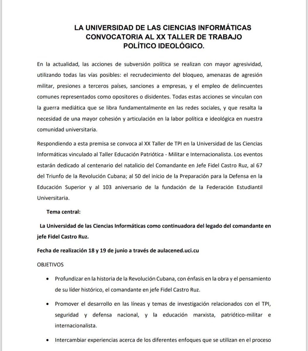 universidad_uci's tweet photo. 📢 Te invitamos a participar enn el XX Taller de Trabajo Político Ideológico, dedicado al centenario de #FidelPorSiempre y al legado de la #RevoluciónCubana. 🇨🇺❤️

🗓️ 18-19 de junio | https://t.co/8RWvmqOOmU  
📩 Envía tu ponencia antes del #10DeJunio.  

#SomosUCI #Cuba https://t.co/di6zWoVTIP