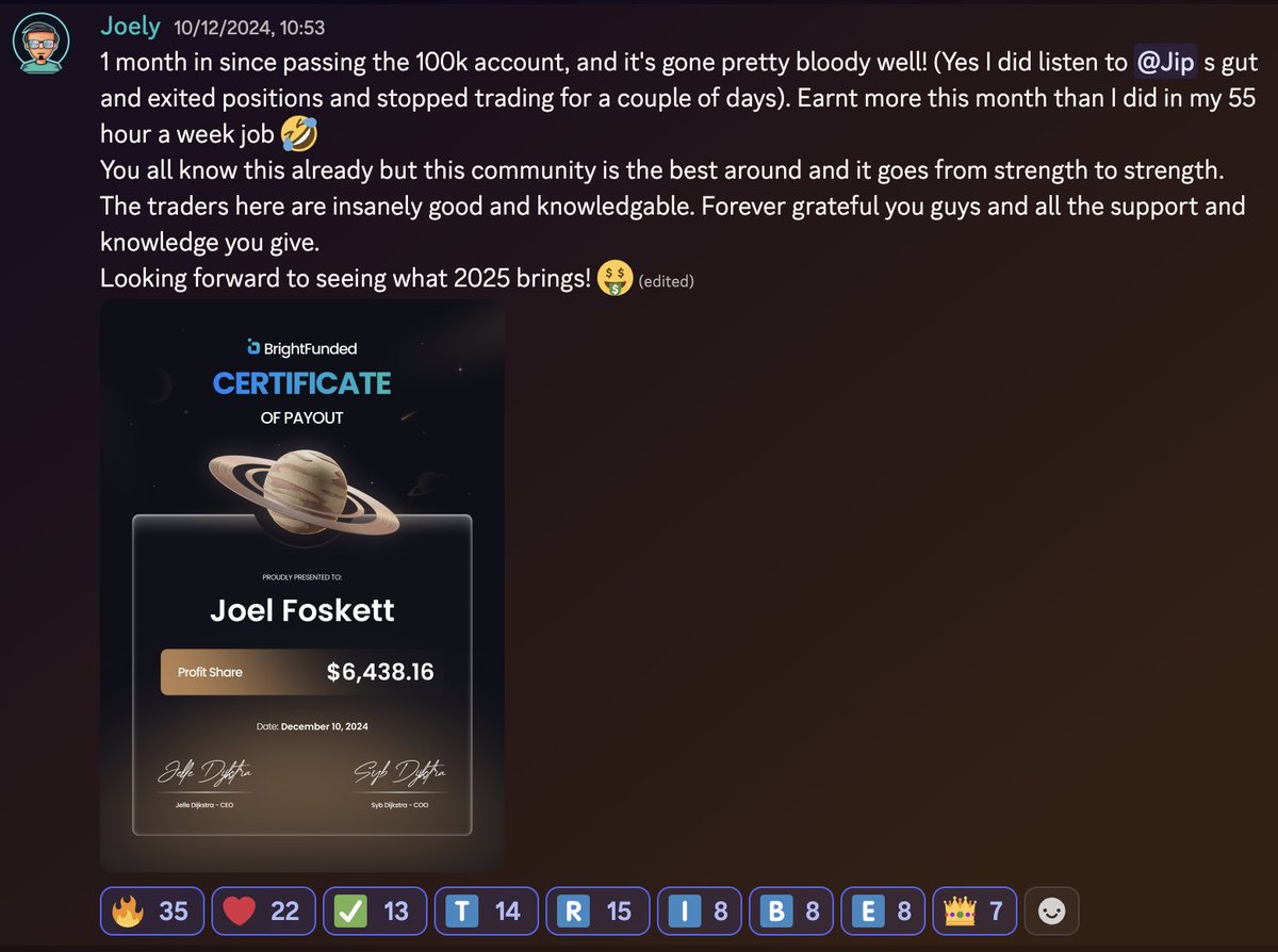 tradingjip's tweet photo. $120,000+ paid out to my former student @PieschFlo by @BrightFunded 

Code TRIBE15 = 15% off all challenges
Buy challenge here: https://t.co/QfggXfvGHN

Most prop firms scam you, this one doesn't.
Trade gold, bitcoin, forex, all on one account.