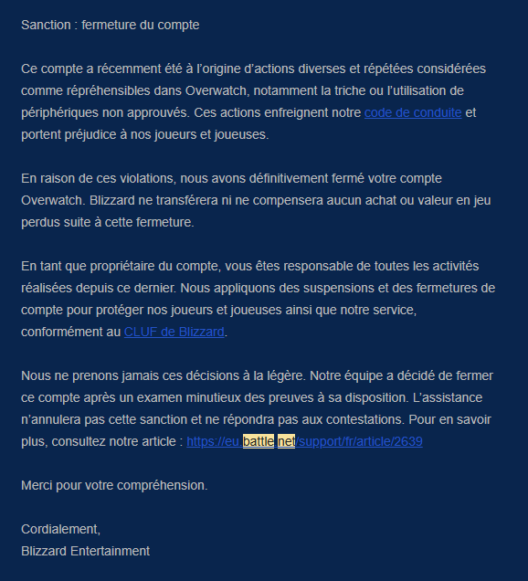 T1_SN's tweet photo. Hi,

It's been 2 years since my main account has been banned for cheating, it was when xim on console get a wave ban. I always been a controller player and got mass reported falsely.
I am asking you to please, review the sanction on my account.
@BlizzardCSEU_FR @Blizzard_Ent https://t.co/mpBSsCDuw5