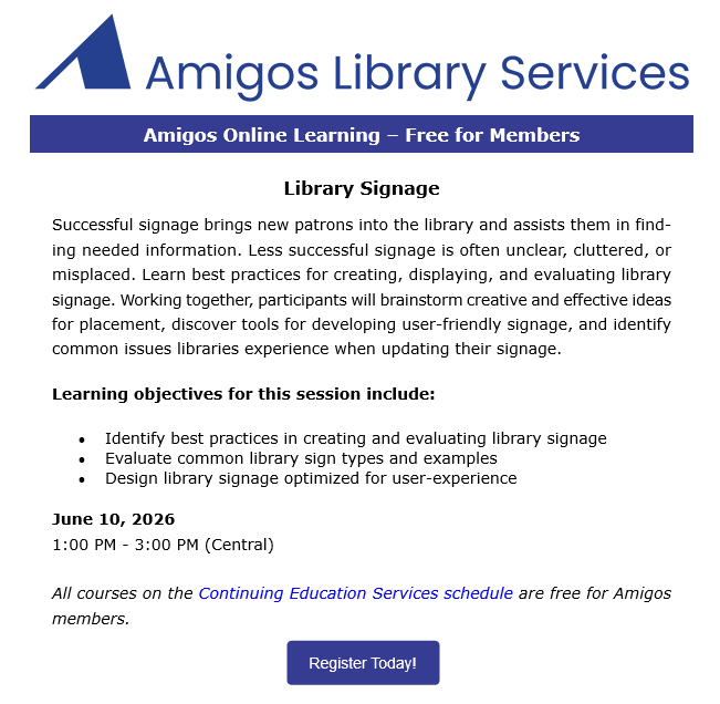 AmigosLibServ's tweet photo. https://t.co/oLykpjKKXl #librarylearning #AmigosContEd https://t.co/DT6TXx04CW