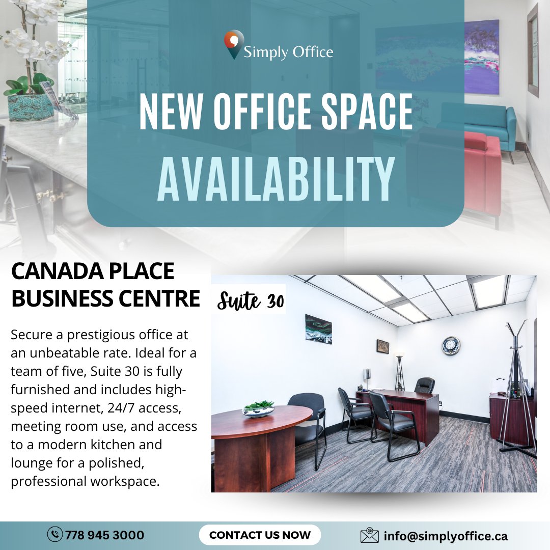 SimplyOfficeVan's tweet photo. INTERNAL OFFICE NOW AVAILABLE: Suite 30!

Discover Office 30 at Simply Office, situated in the renowned Canada Place Business Centre. 

📞 778-945-3000
📧 info@simplyoffice.ca
🌐 https://t.co/yfLlh6LSZb

#Vancouver #OfficeSpace #PrivateOffice #CanadaPlaceBusinessCentre https://t.co/fHqHXbUDHT