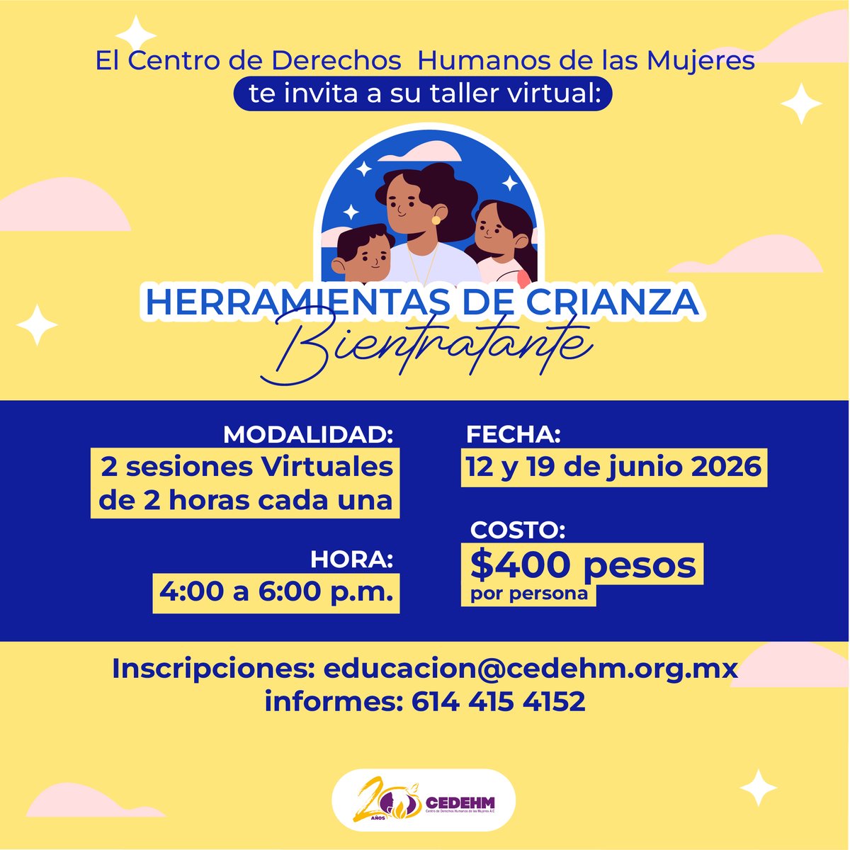 cedehm's tweet photo. Te invitamos a nuestro taller para madres, padres y personas cuidadoras que desean comprender mejor las emociones y necesidades de niñas y niños. 🌱
📅 12 y 19 de junio de 2026
🕓 4:00 a 6:00 p.m.
💻 Modalidad virtual
💲 $400 pesos
📩 educacion@cedehm.org.mx
📞 614 415 4152 https://t.co/9292bhAKe4