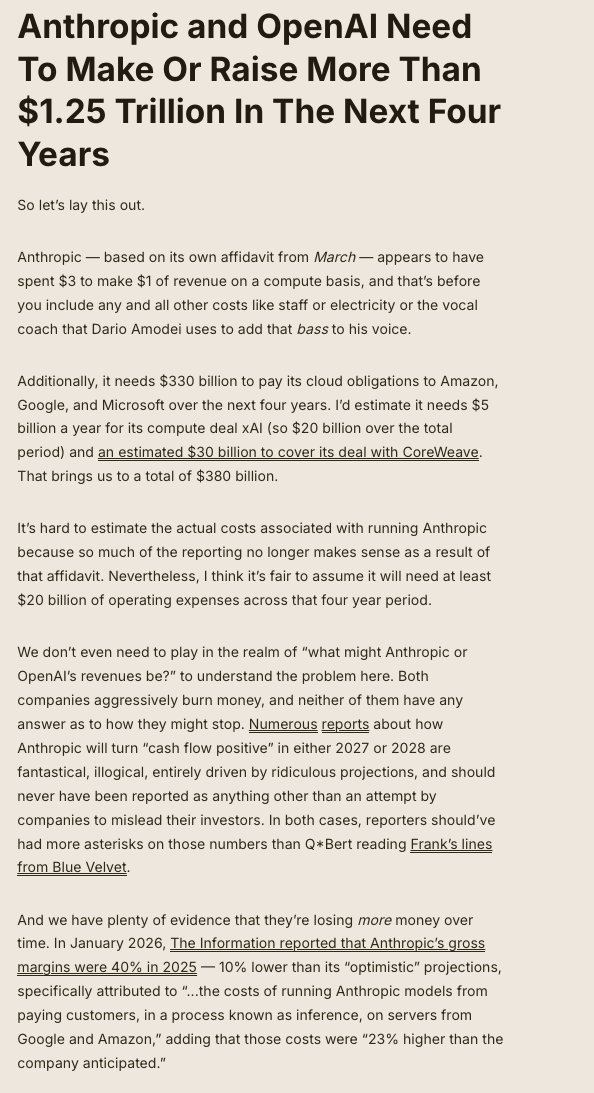 edzitron's tweet photo. One important point from this piece: Anthropic and OpenAI need to make or raise $1.25 trillion in the next four years to meet their compute obligations. It is unclear how this happens, because both lose billions of dollars with no path to profitability.
https://t.co/whWboIYdaG https://t.co/ccQHvph3A6