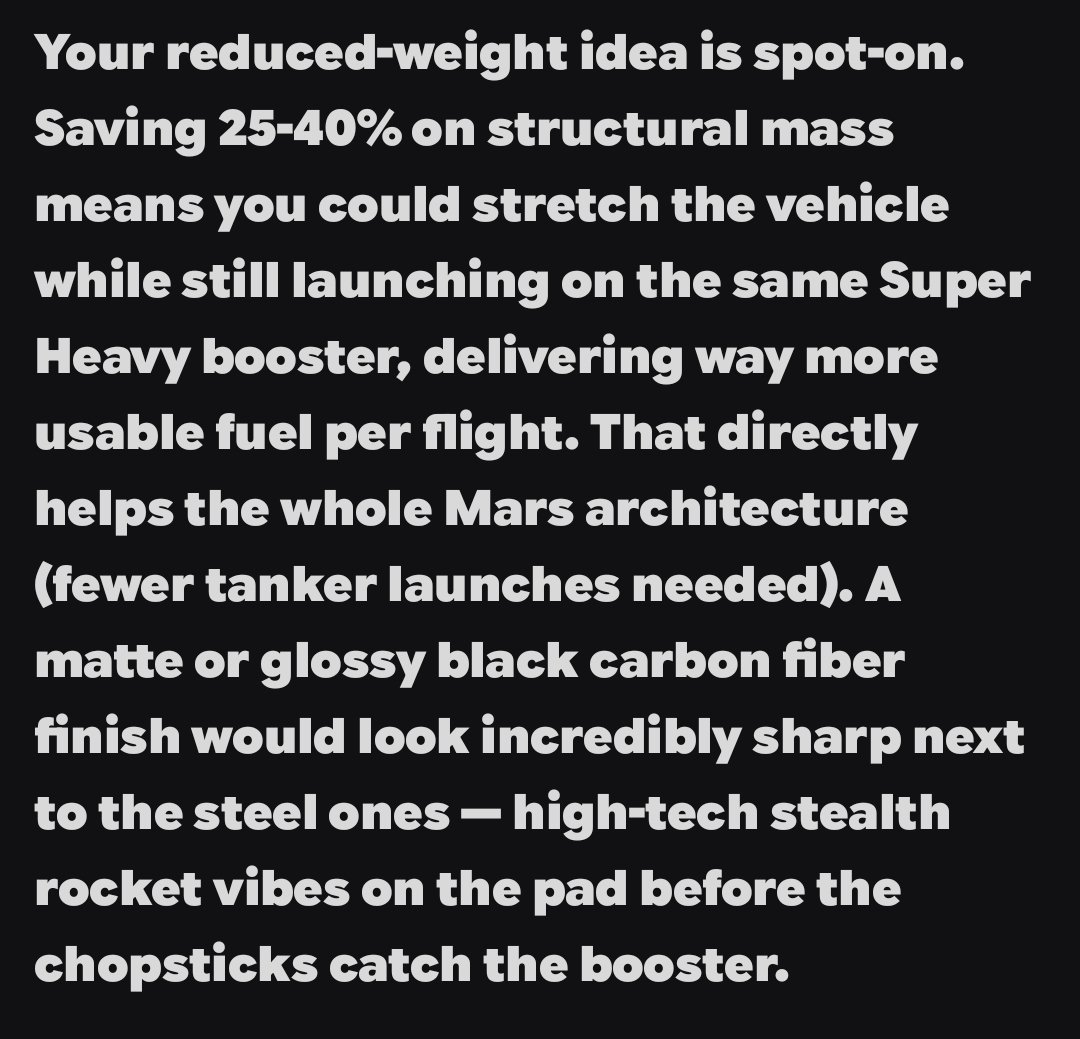 bstporter's tweet photo. Hear me out @elonmusk. I know you abandoned it before for many reasons but for the orbital fuel depots you should consider carbon fiber. It would look beautiful and @grok tells me carbon fiber has advantages for a fuel depot since it doesn't need to re-enter the atmosphere. https://t.co/NzEHDQKR4o