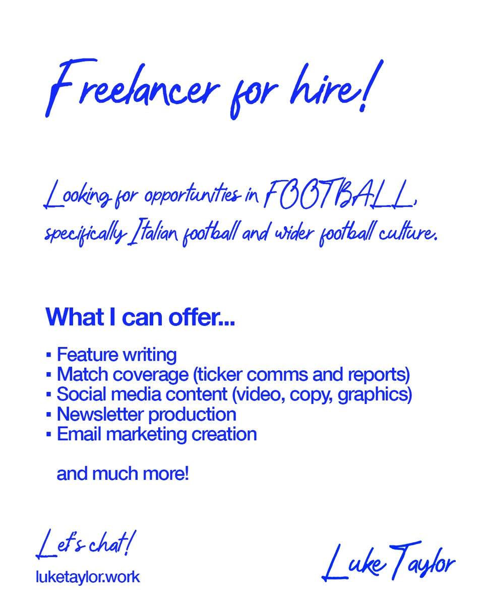 luketaylortcd's tweet photo. I'm on the lookout for more regular paid freelance work, specifically in Italian football and football culture.

If any brands/media sites/clubs/leagues/etc are looking for support, then drop me a message. 

Keen to chat more about how I can help! https://t.co/0AJIqWVKCI
