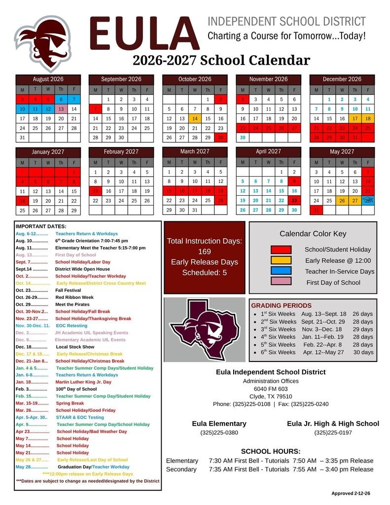 EulaISD's tweet photo. 2026-2027 School Calendar Student Version https://t.co/etrMBE6FFy