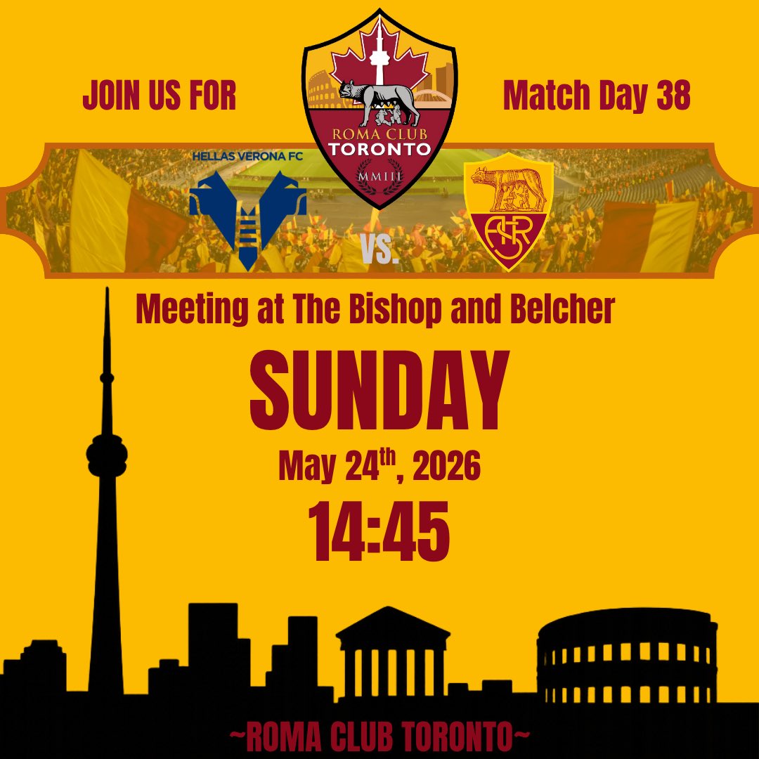 Roma_Club_TO's tweet photo. ❤️💛 Match Day 38 Meetup 💛❤️

Final match of the season as Roma face Hellas Verona!

📍 The Bishop and Belcher (175 Bloor St E)
🗓 Sunday May 24
⏰ 14:45 kickoff

RSVP is MANDATORY as seating is limited!

https://t.co/DcuAgnMb99

Forza Roma! 💛❤️ https://t.co/ebcKHHgTut