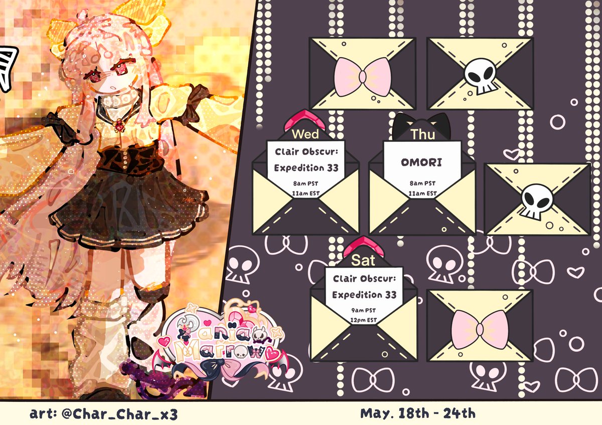 PaniaMarrow's tweet photo. 💀Stream Schedule🎀
May 18th - 24th
Art: #paniarts
Clips: #paniclip https://t.co/cvzf7uHQKP