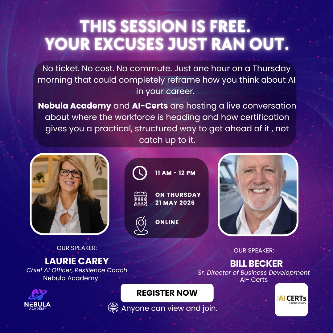 LJCoach's tweet photo. No cost. Virtual. One hour. 

No reasons to miss it. 🚀

On May 21, join Nebula Academy and AI-CERTs® for an open discussion about AI, the job market, and how to remain valuable in your role today.

Find out more🔗: https://t.co/aNv7ydepbL

#NebulaAcademy #CAPS #AICERTS https://t.co/qoKQr0yppk