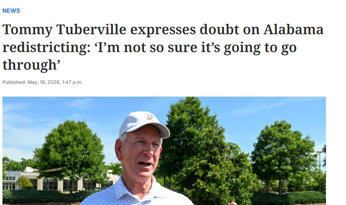 RuthServenSmith's tweet photo. Interesting comments from Sen. Tommy Tuberville today in Alabama as he runs for governor -- 

He said "there will not be congressional votes today on those seven seats" for Congress (incorrect)

And he said he's not sure Republican's redistricting efforts will actually go through.