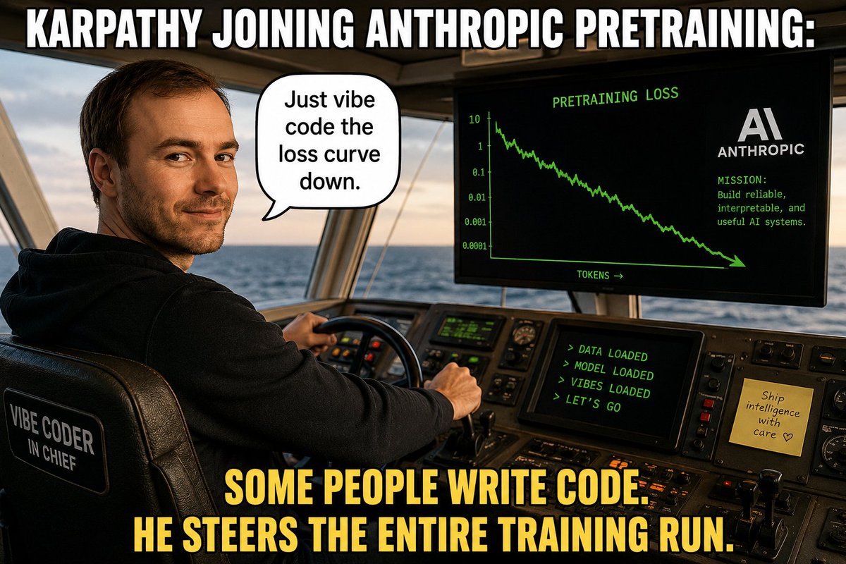 AvihuDekel's tweet photo. If you ask ChatGPT to create a meme about Karpathy joining Anthropic, you're gonna get something like this: https://t.co/tUyqlhlmz6