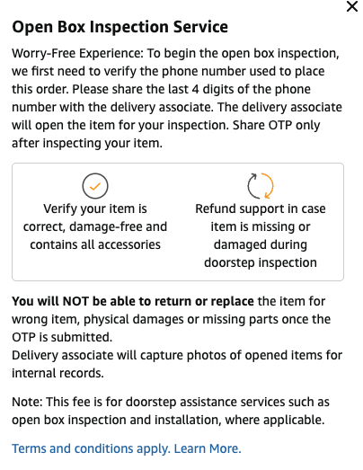 krazyfrog's tweet photo. What is this new scam by Amazon India? Fees for an open box inspection that you can't opt out of? No returns and replacements after inspection is done? What if the item develops issues after inspection is done? https://t.co/wxr6buvE9T