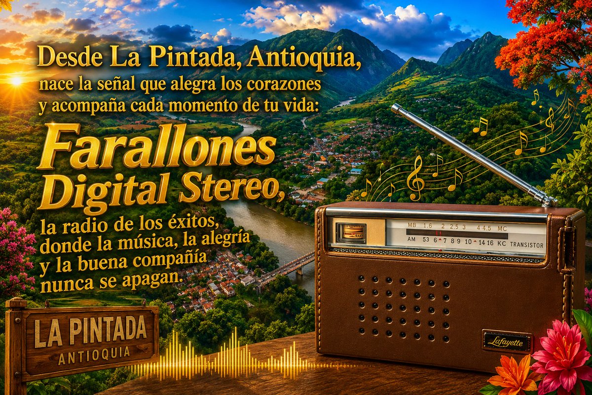 FARALLONESDIGIT's tweet photo. ✨ Somos Farallones Stereo 95.4 FM, desde La Pintada Antioquia, la radio de los éxitos que acompaña tus días con alegría, buena música y la mejor compañía. Farallones Stereo 95.4 FM… ¡la señal que une corazones y lleva felicidad a cada rincón! 🎙️📻 https://t.co/EDG8ifV4sO