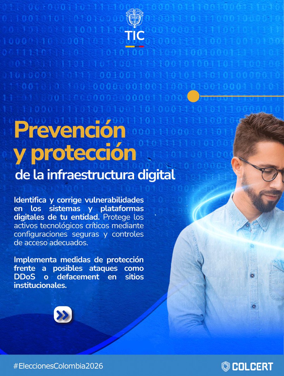 colCERT's tweet photo. 📣 El #ColCERT comparte recomendaciones estratégicas orientadas a fortalecer las medidas de seguridad digital en las entidades públicas durante el proceso electoral #EleccionesColombia2026. 🗳️
Consultalas en:🖱️https://t.co/tV7fTSuWjU
#MásPreparados #MinTIC https://t.co/Irk07DhZ0u