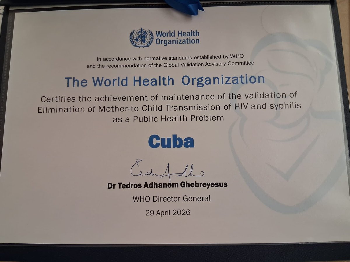 pen22171's tweet photo. Reconoce la OMS a Cuba por mantener la condición de eliminación de la transmisión materno infantil de la Sífilis Congénita y el VIH; condición alcanzada en el año 2015. https://t.co/JW8UIBaxzW