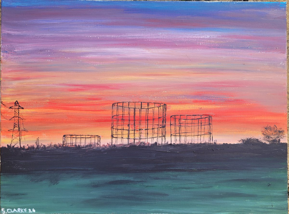 StevenClarke86's tweet photo. A quick #acrylicpainting of #gasholders in #motspurpark during #sunset inspired by my run there last year. #sunsetpainting https://t.co/tayCJGLbKu