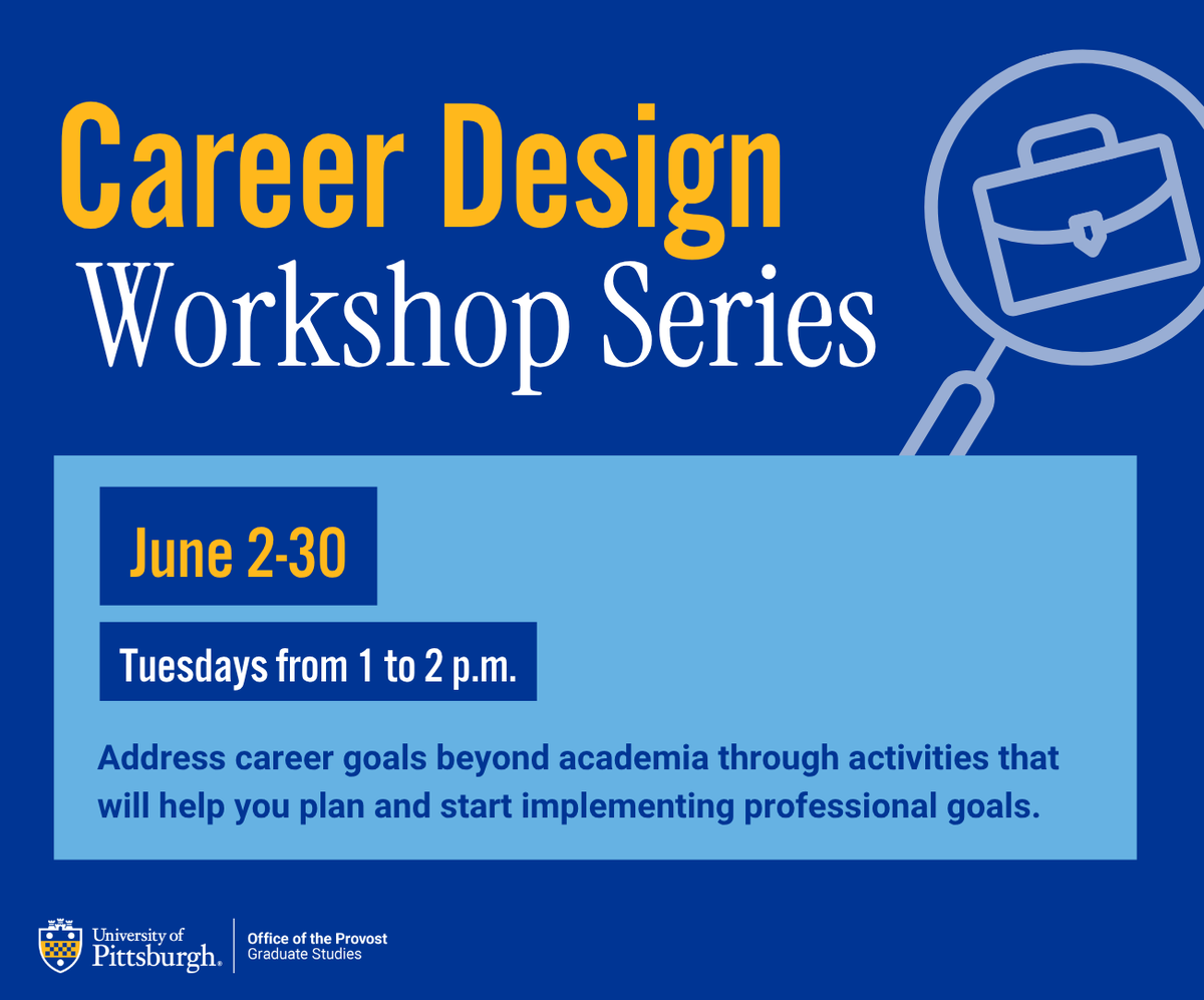 PittGradStudies's tweet photo. Looking for a career beyond academia? Join us for the Career Design Workshop Series.

The series is a  sequence of in-person, one-hour professional development workshops held every Tuesday from 1-2 p.m. in June.

Register to attend by May 26: https://t.co/Eq0HxXIU87 https://t.co/DhwebSn50M