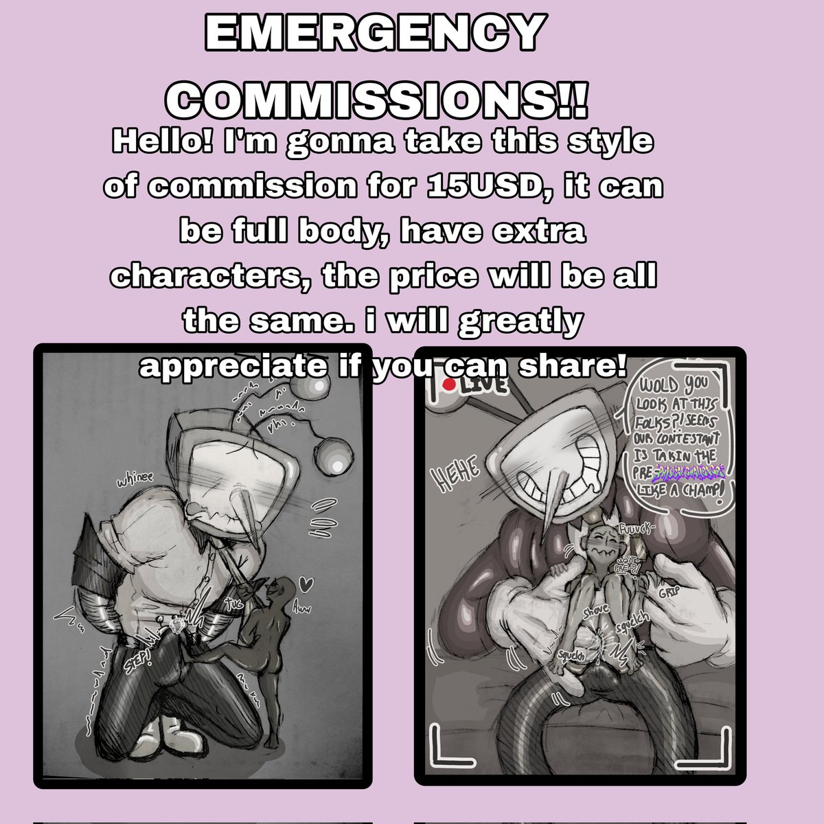 Letttusse's tweet photo. Hi guys! I'm taking emergency commissions, we'll not be able to pay rent next month and i'm desperate and i feel really bad :') there has been some issues with work and we need the money to not get kicked out of our home.
#deltaruined #deltarunensfw https://t.co/dtOncu7M4y