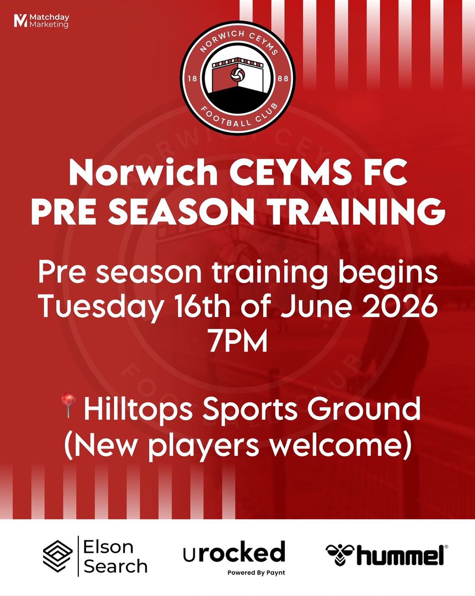 NorwichCeyms's tweet photo. PRE SEASON TRAINING:  🔴⚪️

Pre season training will begin for both the First Team,  and Reserve Team on Tuesday 16th of June. As both teams prepare for the 26/27 Season.

(New players are welcome)

#COYCEYMS ❤️🤍 https://t.co/ZdviDActpC