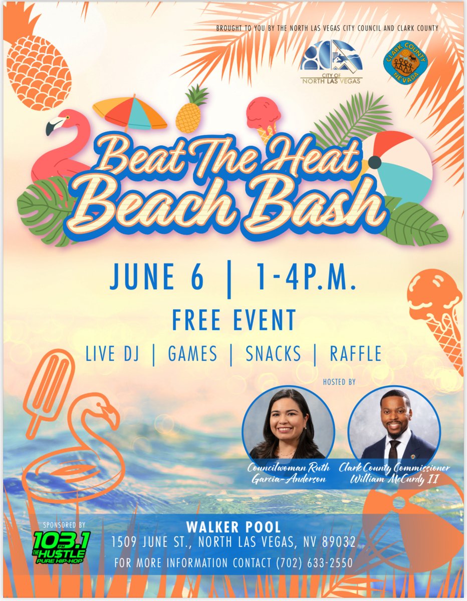 CommishMcCurdy's tweet photo. ☀️🏖️ Beat the heat with us at the Beach Bash!

Join myself and Councilwoman Ruth Garcia-Anderson on June 6 from 1–4 p.m. at Walker Pool for FREE family fun featuring a live DJ, games, snacks &amp; raffles! 🌴🍦🎶 https://t.co/NbSZGCnlRT