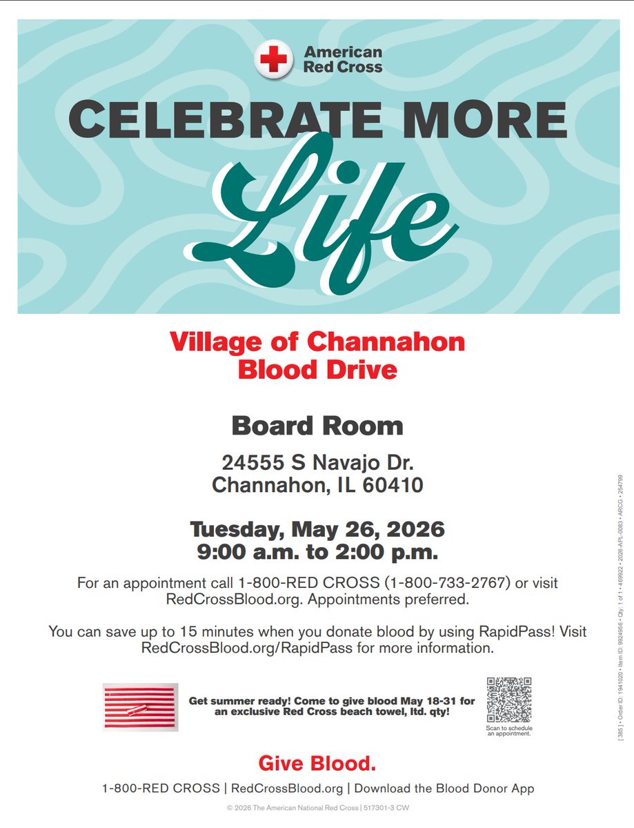 VOChannahon's tweet photo. Join us for the “Celebrate More Life” Blood Drive on Tuesday, May 26 from 9 AM to 2 PM in the Village Board Room.

🩸 One donation can help save up to 3 lives.
🩸 Blood can only come from volunteer donors.

Help make a difference in our community. https://t.co/FDByGIoeUV