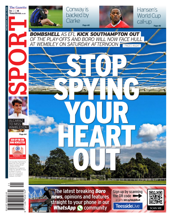 craig_johns's tweet photo. Another @Nick_Loughlin_ beauty...

Tomorrow's Gazette back page, in the nick of time before deadline... Stop Spying Your Heart Out #Boro https://t.co/zAGEIBHdhz