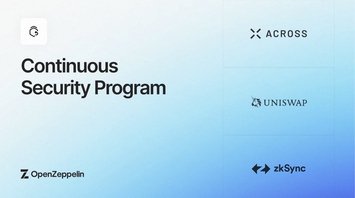 OpenZeppelin's tweet photo. Last week we announced the OpenZeppelin Continuous Security Program.

Proud to have these teams already running on the most comprehensive security model, treating security as continuous operations, not just point-in-time audits.

@Uniswap @AcrossProtocol @zksync https://t.co/R2jesHCDNd