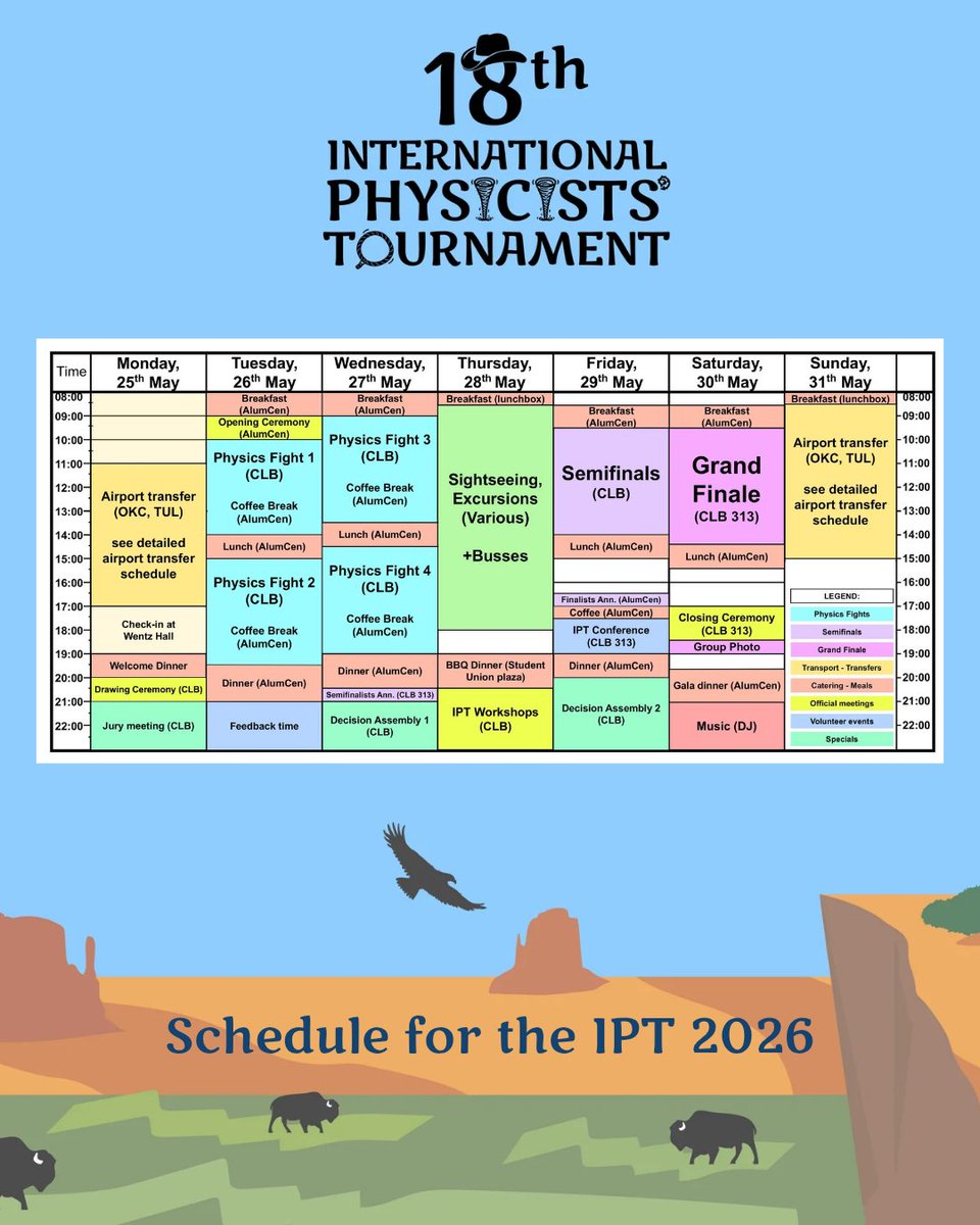 IPT_Official's tweet photo. Check out the schedule for #IPT2026. We will have a full week of physics discussions, knowledge and cultural exchange ⚛️

*If there are last-minute changes, we will update the participants on Discord

Looking forward to welcoming you in Stillwater! https://t.co/n7KlWhcoxJ