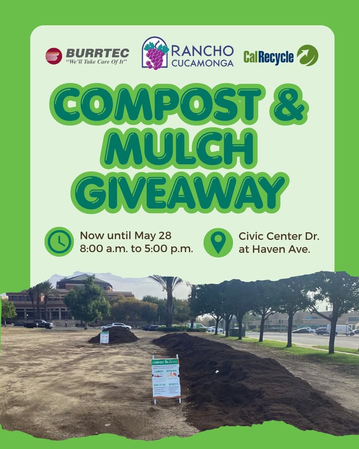 CityOfRC's tweet photo. The City of RC is hosting a multi-day mulch giveaway daily at Civic Center Dr. and Haven Ave., now through May 28, from 8:00 a.m. - 5:00 p.m. This is a self-serve and first-come, first-served event
open to RC residents only.

For more info, call 1-909-919-2635. https://t.co/vljku81lBV
