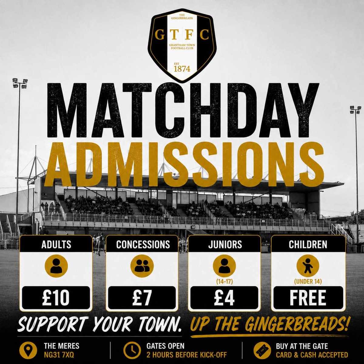 granthamtownfc's tweet photo. 🎟️ 𝗠𝗔𝗧𝗖𝗛𝗗𝗔𝗬 𝗣𝗥𝗜𝗖𝗘𝗦 𝟮𝟲/𝟮𝟳

Adults £10 | Concessions £7 | Juniors £4 | U14s FREE 🖤🤍

#thegingerbreads #matchdaytickets https://t.co/wpriJnSaZ9