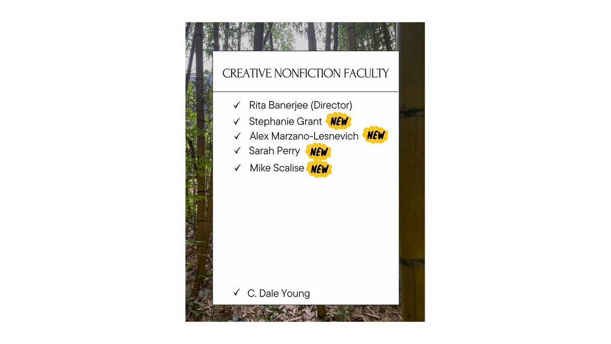 WarrenWilsonMFA's tweet photo. 🎉 Announcing .... Our summer faculty! 🎉  

Teaching poetry, fiction, and creative nonfiction, they will be on campus for the July residency and guide our students through the fall non-resident semester. 

Follow us to learn more about our public residency readings and lectures. https://t.co/amRRKLJZPx