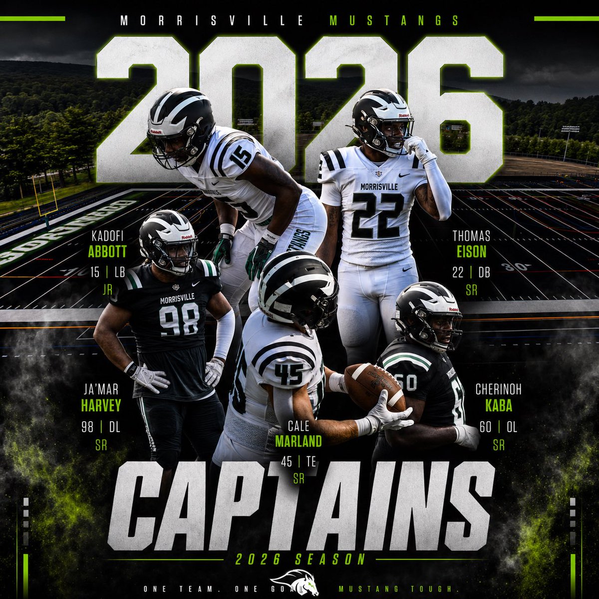 MvilleMustangFB's tweet photo. We have a lot of leaders on our team, but these Five were voted to wear the 'C' on their jersey this year. 🟢⚪️⚫️🐎

#RideAsOne | #MustangPride | #WGF https://t.co/P3KkRzIEqP