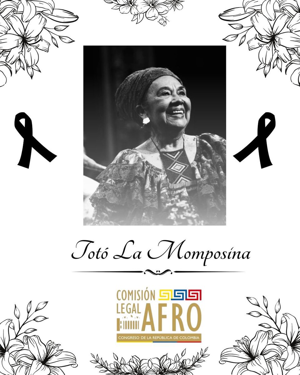 AfroComision's tweet photo. La Comisión Legal Afrocolombiana lamenta profundamente la partida de Totó La Momposina, símbolo de resistencia, identidad y memoria viva de los pueblos afrodescendientes de Colombia. https://t.co/3ZfhQDez0B