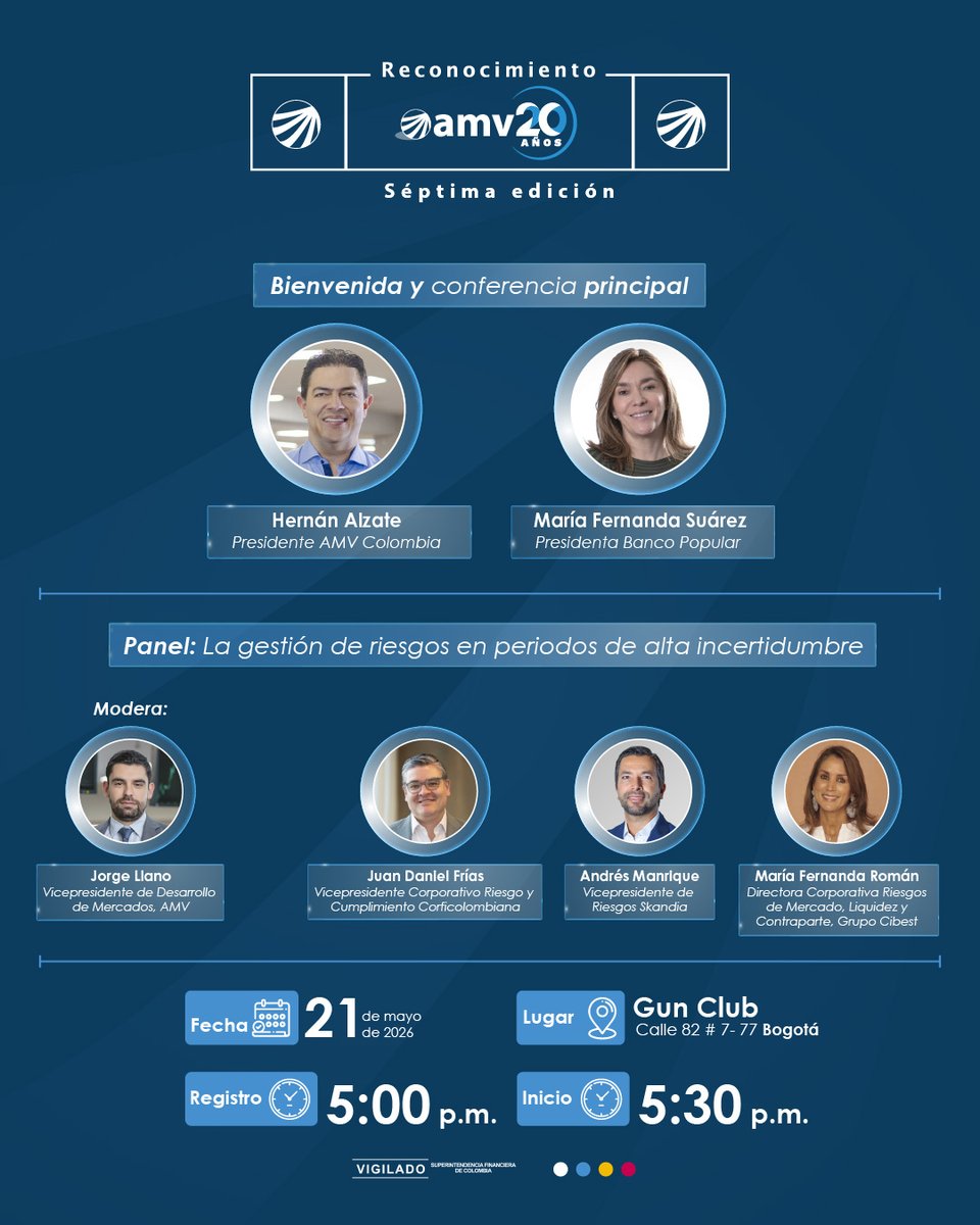 AMVColombia's tweet photo. ⏳ ¡Faltan solo 2 días para vivir los #ReconocimientosAMV!
Muy pronto nos reuniremos para reconocer a los profesionales con el mejor desempeño en los procesos de certificación y compartir un espacio de análisis, conocimiento y conexión para el mercado financiero. 📊✨
Será una jornada para exaltar el talento, el compromiso y la excelencia que impulsan nuestro sector.
Nos vemos este jueves.