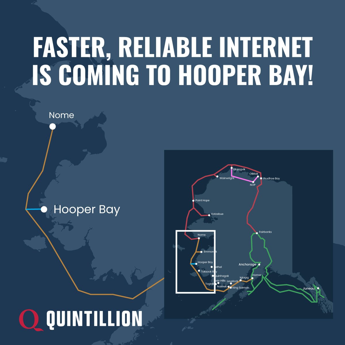 QuintillionNet's tweet photo. We’re excited to announce a major milestone for the Hooper Bay Broadband Project with the issuance of a FONSI. The project will bring expanded broadband connectivity to homes and community facilities in Hooper Bay. Thank you to everyone who helped move this work forward! https://t.co/x6I9cbOf8Y