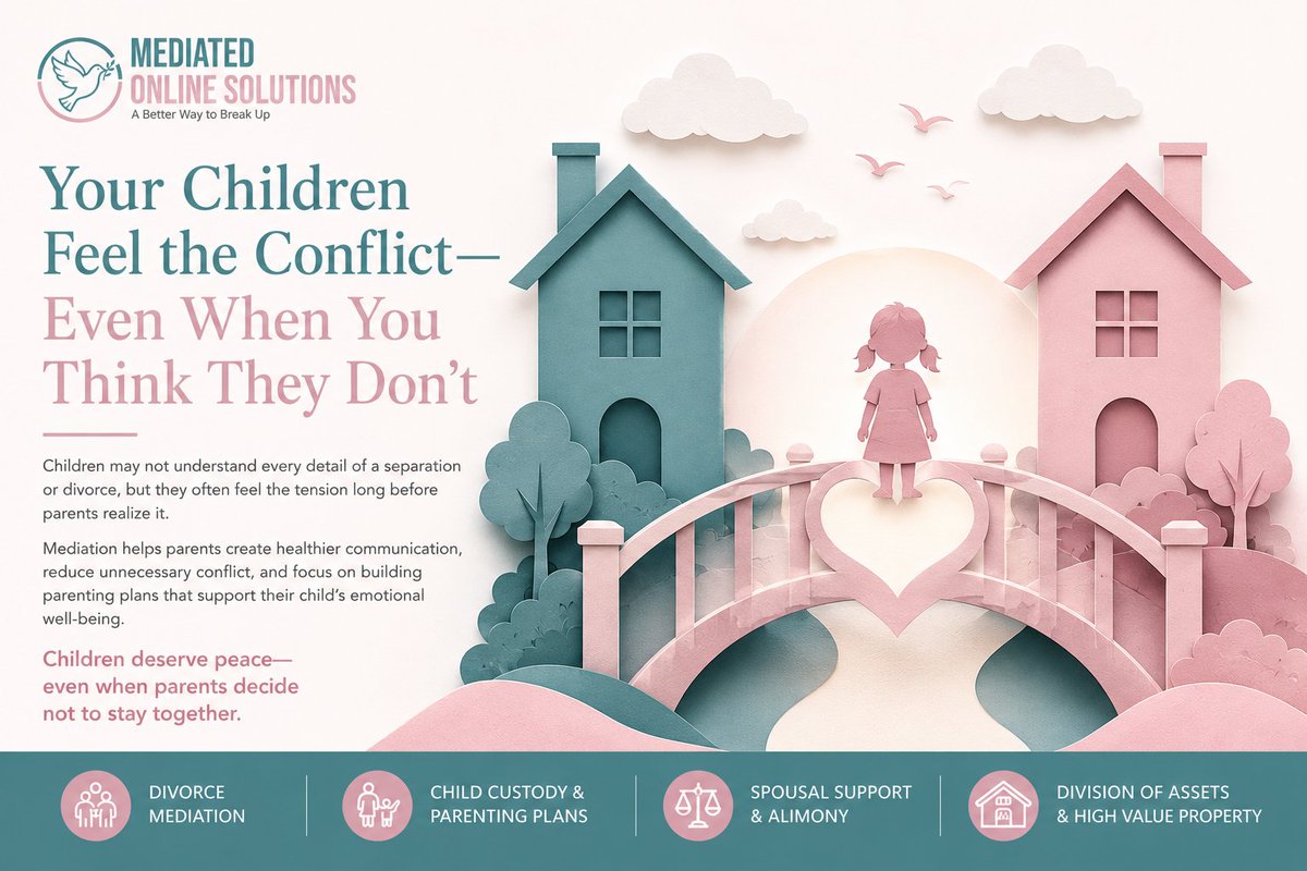 MediatedS's tweet photo. Children may not understand every detail of a divorce, but they often feel the tension long before parents realize it.

Mediation helps parents focus on building parenting plans that support their child’s emotional well-being.
#ChildCustody #CoParenting https://t.co/zjJz8HxoHG