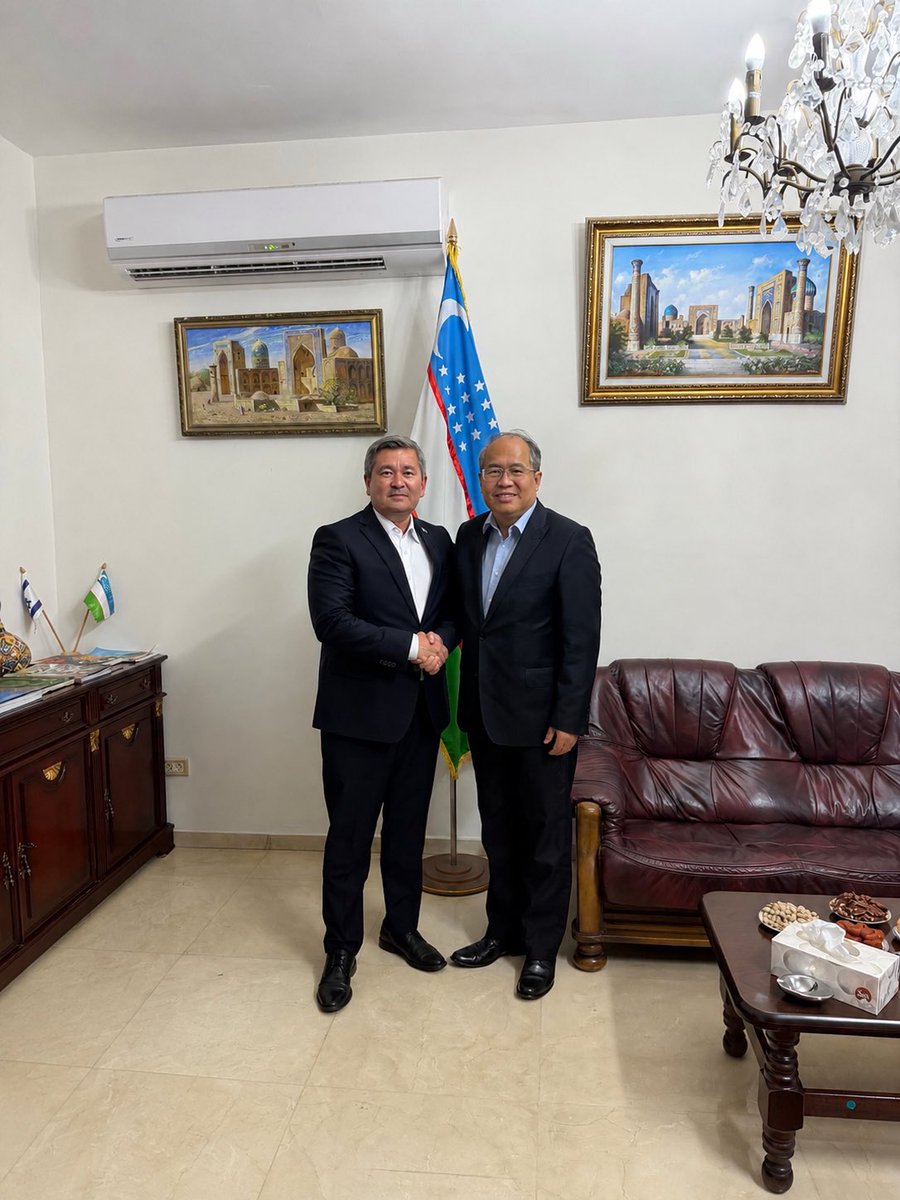 EmbassyofUzb's tweet photo. Ambassador of Uzbekistan to Israel H.E. Mr. Jakhongir Aminov held a friendly meeting with Ambassador of China to Israel H.E. Mr. Xiao Junzheng.

The two countries are bound by an all-weather comprehensive strategic partnership.

The meeting took place in a warm and cordial atmosphere, during which the sides discussed bilateral relations and prospects for further cooperation. 🇺🇿🇨🇳