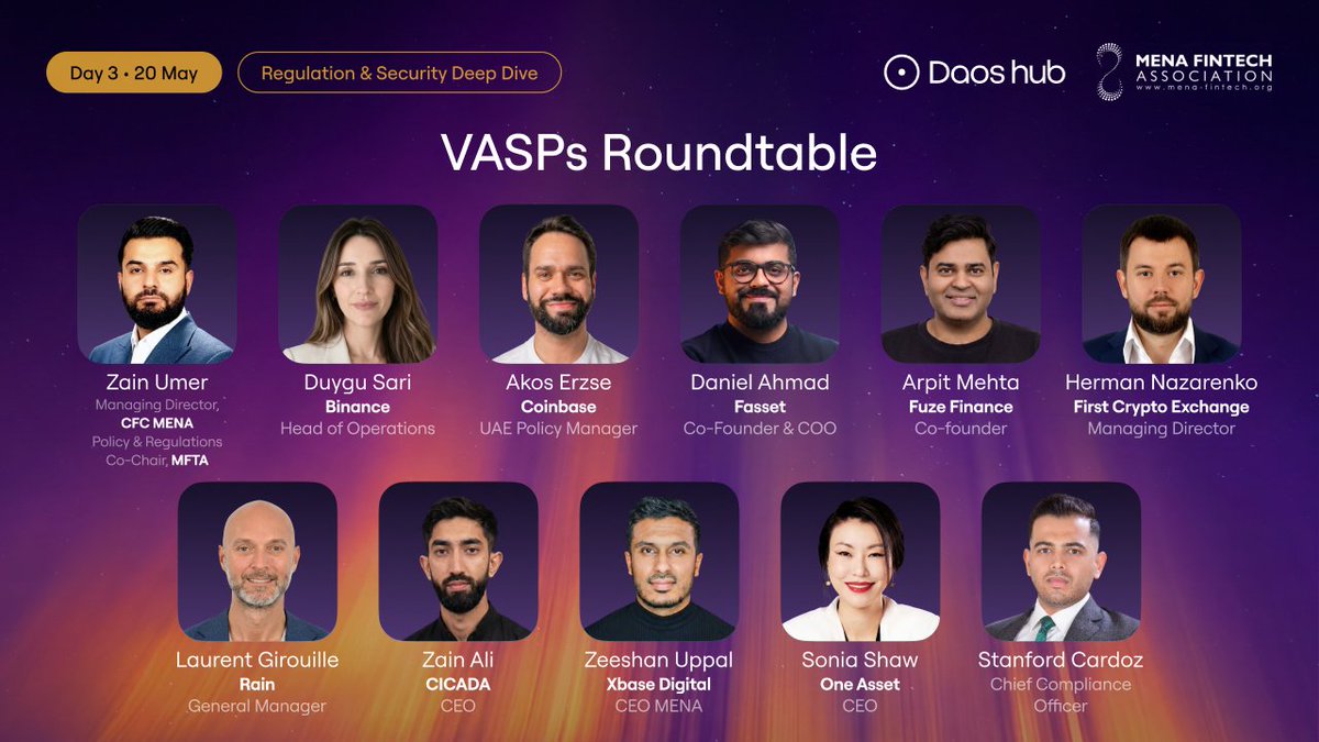 Daoshub's tweet photo. Web3 innovation means nothing without survival. 🛡️

​Tomorrow is Day 3 of Daos Digital Assets Week: Regulation & Security Deep Dive, hosted alongside our Strategic Ecosystem Partner, @TheMENAFintech. 🤝

​Check out the graphic below for our VASPs Roundtable lineup breaking down real-world enforcement and onchain compliance. 📉

​Seats are almost entirely gone! Apply right now for tomorrow:
🔗 https://t.co/dr1KbE7aLv

​#DaosHub #MFTA #VASP #Web3 #DubaiWeb3