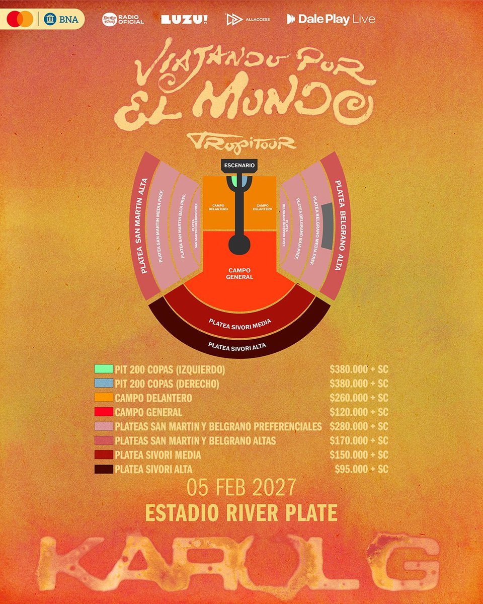 SFV_Cinema's tweet photo. 🏟️ KAROL G 🏟️

📅 5 de Febrero en Estadio River Plate
💵 Precios finales oficiales (service incluido)
🗺️ Mapa de Ubicaciones

🎟️ Platea Sivori Alta: $109,250 ARS
🎟️ Campo General: $138,000 ARS
🎟️ Platea Sivori Media: $172,500 ARS
🎟️ Plateas Altas: $195,500 ARS
🎟️ Campo Delantero: $299,000 ARS
🎟️ Plateas Preferenciales: $322,000 ARS
🎟️ PIT 200 COPAS: $437,000 ARS