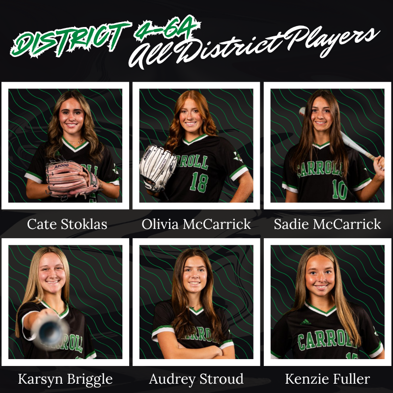 Carrollisd's tweet photo. 🏆 Congratulations to our Lady Dragons on their District 4-6A Softball honors! We are so proud of these athletes and their outstanding accomplishments this season! 🐉🥎

⭐ Catcher of the Year: Bella Garcia
⭐ Utility Player of the Year: Olivia Wiske

👏 1st Team All-District
• Cate Stoklas
• Olivia McCarrick

👏 2nd Team All-District
• Sadie McCarrick
• Karsyn Briggle

👏 Honorable Mention All-District
• Audrey Stround
• Kenzie Fuller

Your hard work, dedication, and commitment to Lady Dragon Softball continue to make us #DragonProud!💚

#GoDragons #LadyDragonSoftball #AllDistrict