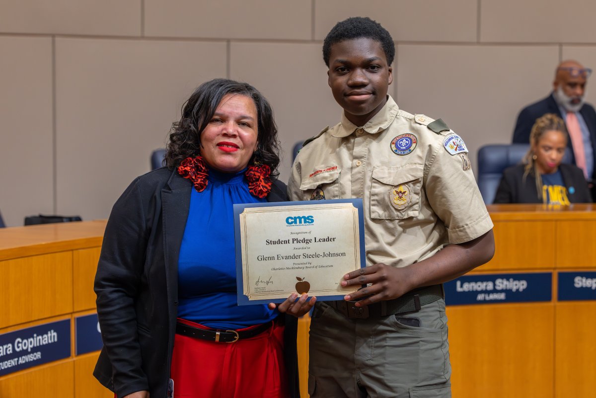 CMSboard's tweet photo. Thank you to Glenn Steele-Johnson from West Charlotte High School, who served as our pledge leader at last week’s Board meeting. Following the pledge, Glenn read a short essay on what it means to be caring.

Thank you, Glenn, for giving us a charge and keeping us all accountable! https://t.co/4hsSeUTW5U