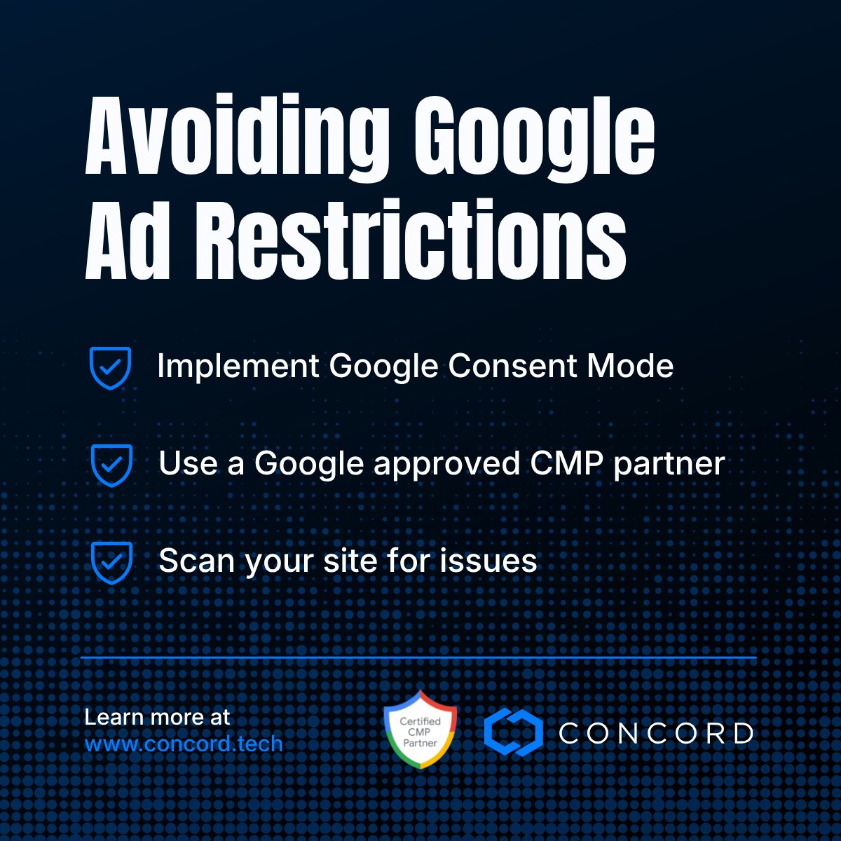 ConcordTech's tweet photo. Google requires Consent Mode v2 for ads in the EEA and UK.

Missing or misconfigured signals can block campaigns, break conversion tracking, and create compliance gaps, often without warning.

Concord is a Gold-certified Google CMP partner. Our free scanner validates your consent signals instantly and reports any issues.

Run a free scan now → https://t.co/mtbWoevk9H

#Privacy #DataPrivacy #GDPR #CCPA #CPRA #PrivacyFirst #PrivacyMatters #GoogleCMP #CMP #GoogleConsentMode