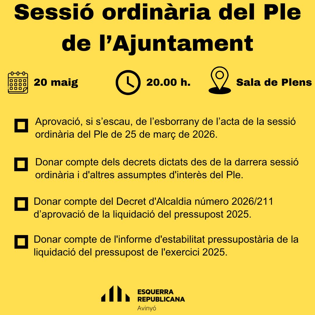 ERCAvinyo's tweet photo. 🟡 Aquest dimecres tenim una nova sessió ordinària del Ple de l'Ajuntament.
.
🔝👆🏻Llisca les imatges per conèixer l'ordre del dia.
.
📅 20 de maig
🕐 20.00 h.
📍 Sala de Plens 
📽️ Ens podeu seguir en directe pel canal de Youtube de l'Ajuntament.
.
#avinyo #erc #ple #ordinari https://t.co/fBdhzqZg64