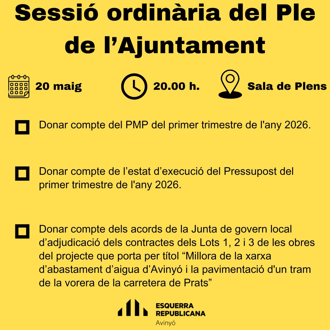 ERCAvinyo's tweet photo. 🟡 Aquest dimecres tenim una nova sessió ordinària del Ple de l'Ajuntament.
.
🔝👆🏻Llisca les imatges per conèixer l'ordre del dia.
.
📅 20 de maig
🕐 20.00 h.
📍 Sala de Plens 
📽️ Ens podeu seguir en directe pel canal de Youtube de l'Ajuntament.
.
#avinyo #erc #ple #ordinari https://t.co/fBdhzqZg64