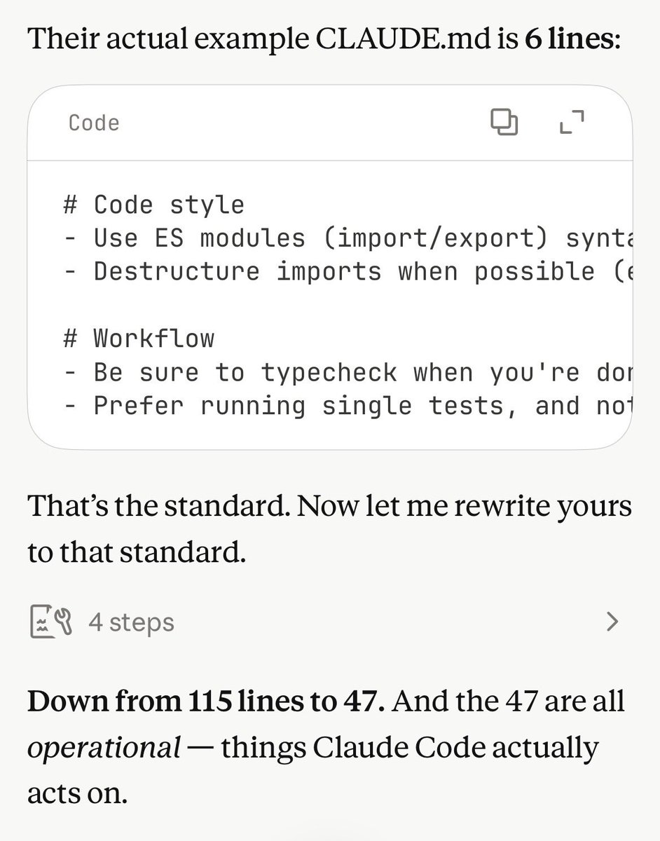 wamkris's tweet photo. When asking Claude to write claude.md from the discussion, 

why is it not referencing the Claude Code creator's prior guide on how to create it? 

Or research Anthropic docs first on what to include or exclude, or query the user via their tool.

@bcherny https://t.co/y3go7KdKSL