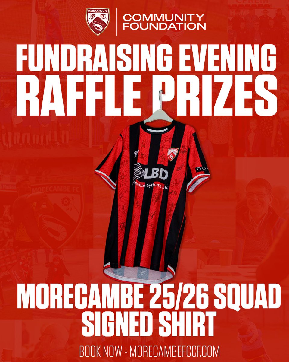 MorecambeFC's tweet photo. Just some of the raffle prizes available at the @morecambefccf Fundraiser Night on Saturday 06 June.

You can get your hands on Jack Nolan’s signed boots, a 25/26 squad signed shirt and a birthday experience 👊

Purchase your tickets now ➡️  https://t.co/OTWYhAOGAS

#UTS 🦐 https://t.co/RoBouU93Nd