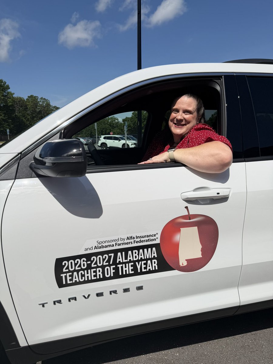 egmackey's tweet photo. Elizabeth Von Hofe ,the 2026 Alabama Teacher of the Year, received a car from ALFA to drive over the next year as she serves as the ambassador for Alabama Schools.  And, since today is Tuesday, I unveiled today’s tee shirt during celebration… Spanish Fort Elementary https://t.co/scyG3tk4Ga